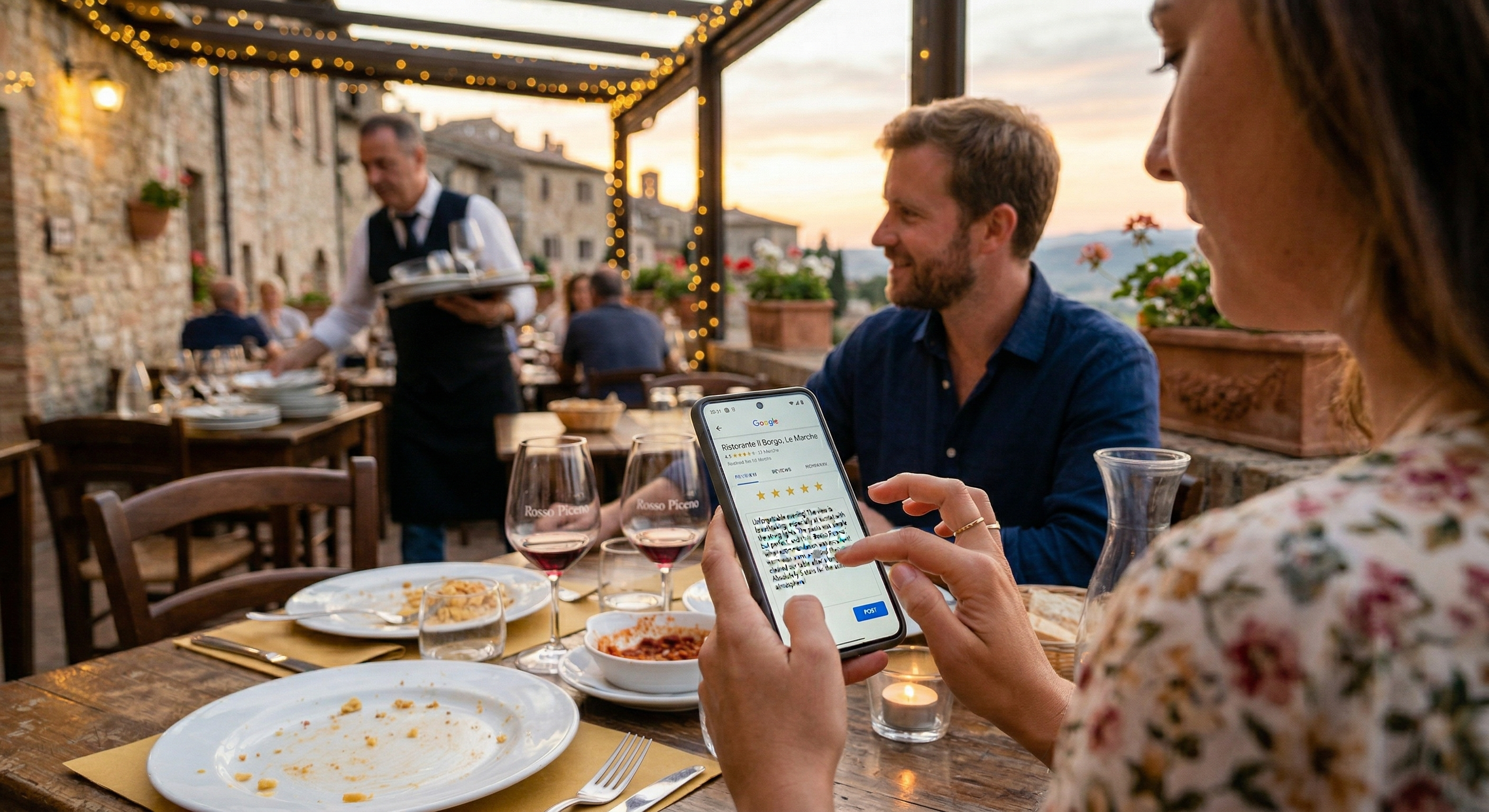 Turista che scrive una recensione su Google mentre il cameriere non lo sa